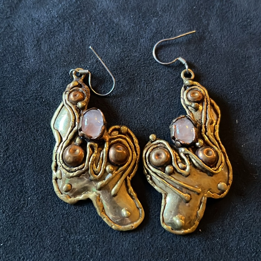 Vintage Silver & Brass Brutalist cabochon dangle handmade earrings